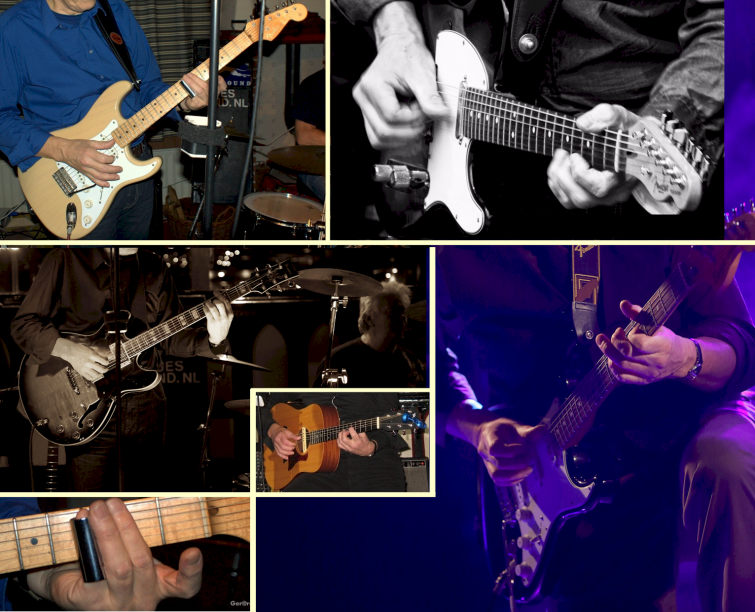 Van rechtsboven met de klok mee: Strat, Tele, Squier Strat, Big Baby, Slide, AS200